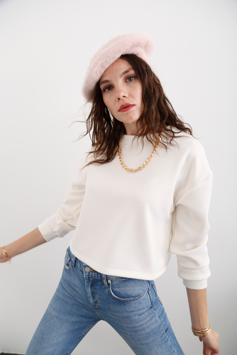 Ekru Bisiklet Yaka Modal Sweatshirt 25515