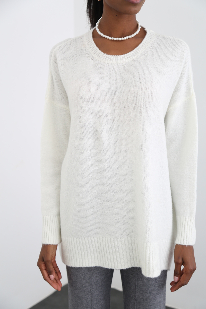 Ekru Bisiklet Yaka Oversize Kazak 17001