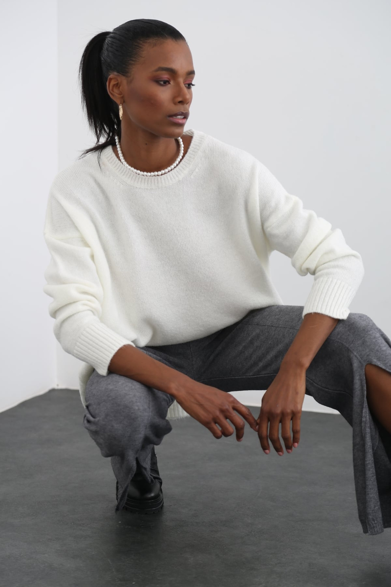 Ekru Bisiklet Yaka Oversize Kazak 17001