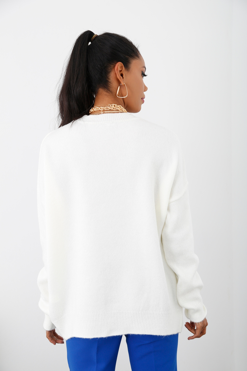 Ekru Bisiklet Yaka Oversize Kazak 3262
