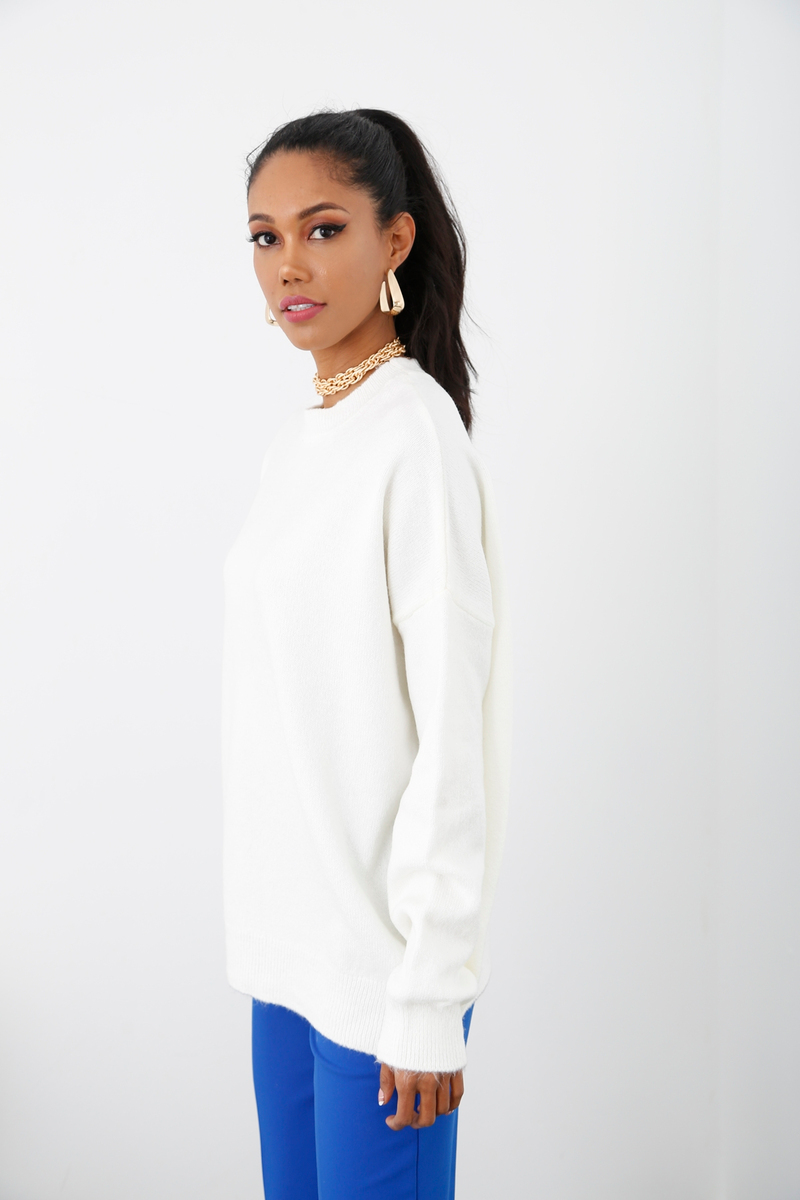 Ekru Bisiklet Yaka Oversize Kazak 3262