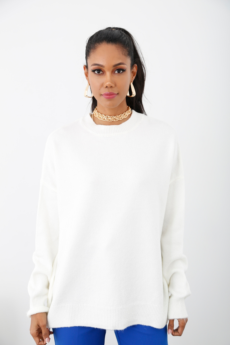 Ekru Bisiklet Yaka Oversize Kazak 3262