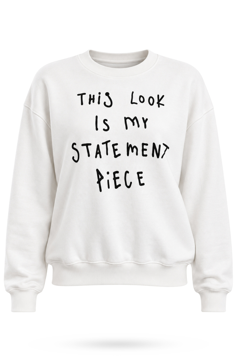 Ekru Bisiklet Yaka Yazılı Sweatshirt 955