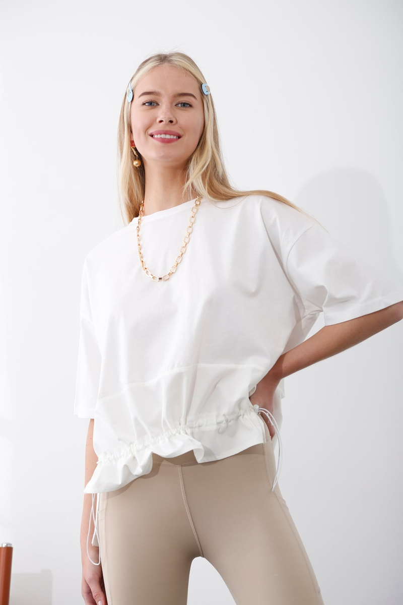Ekru Büzgü Detaylı Tshirt 25742