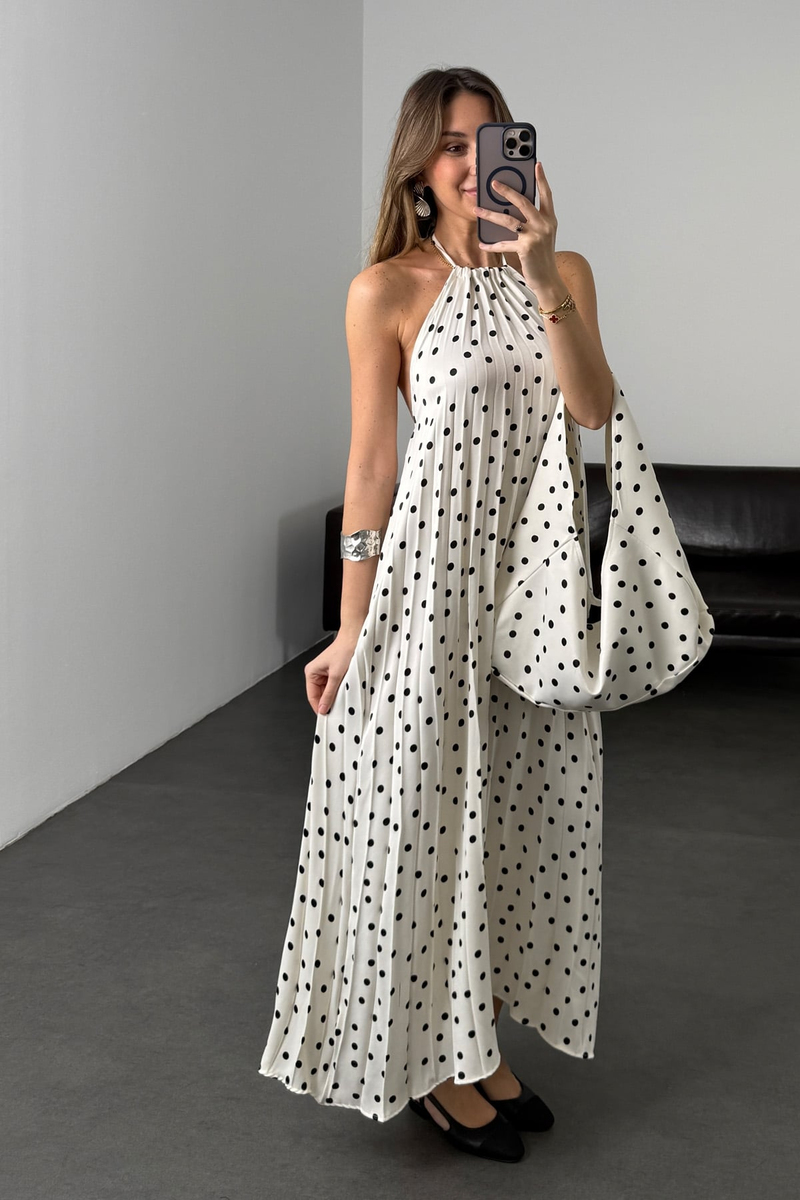 Ekru Çantalı Puantiye Elbise 1346