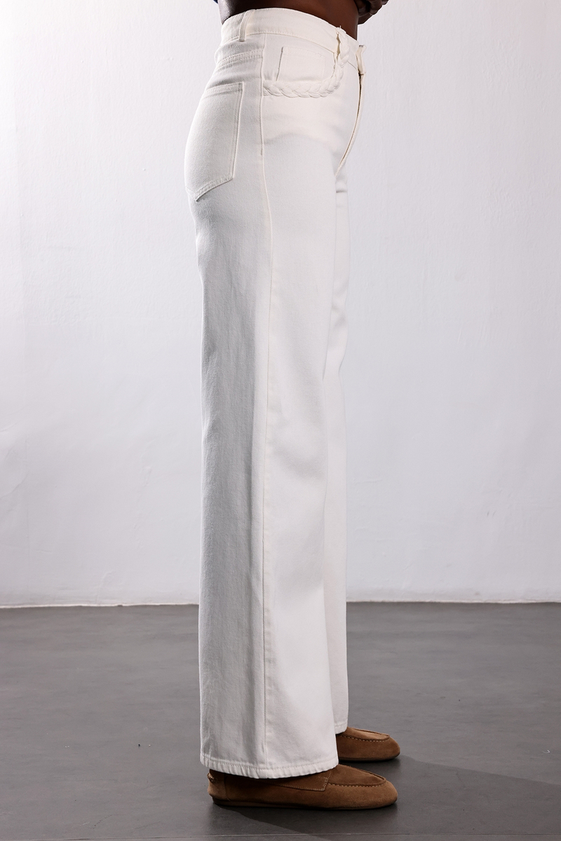 Ekru Cebi Örgü Detaylı Wide Leg Jean 1499