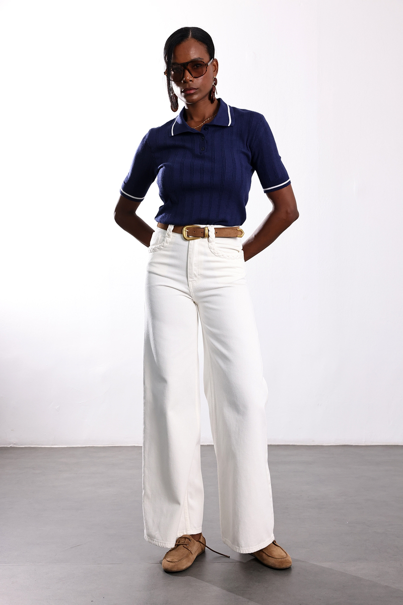 Ekru Cebi Örgü Detaylı Wide Leg Jean 1499