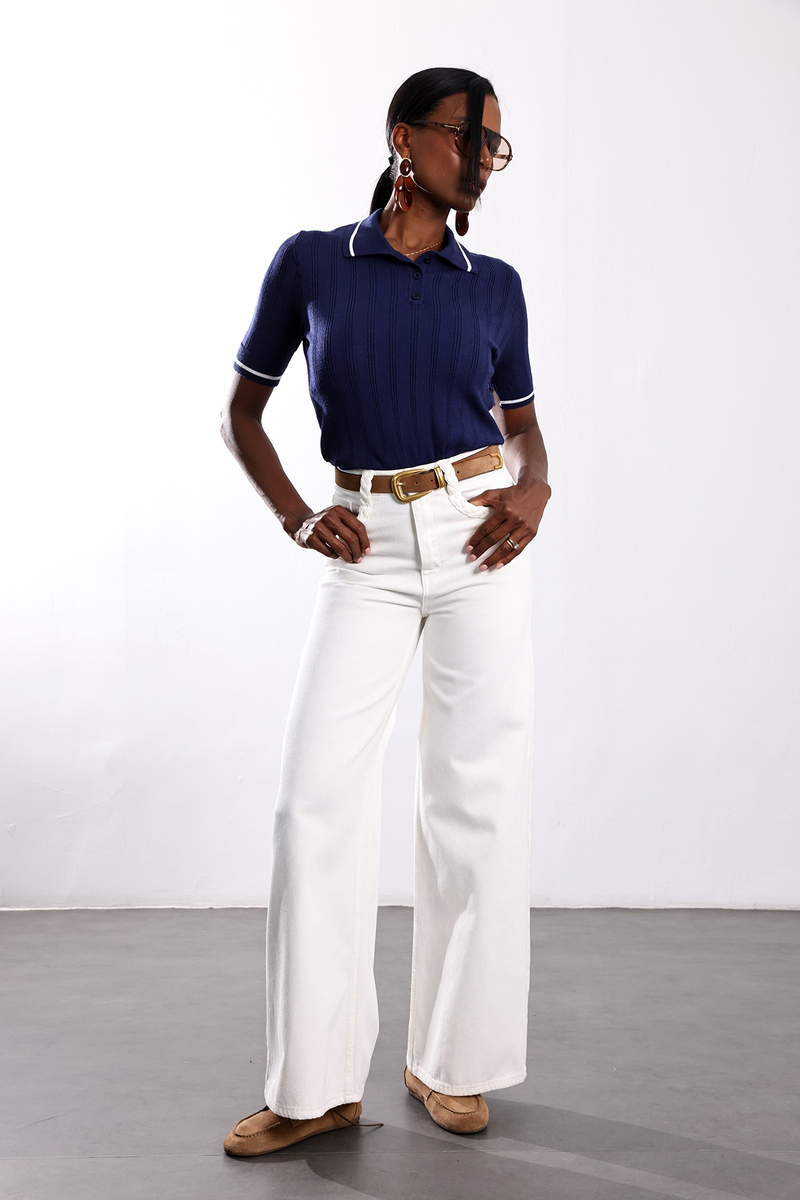 Ekru Cebi Örgü Detaylı Wide Leg Jean 1499
