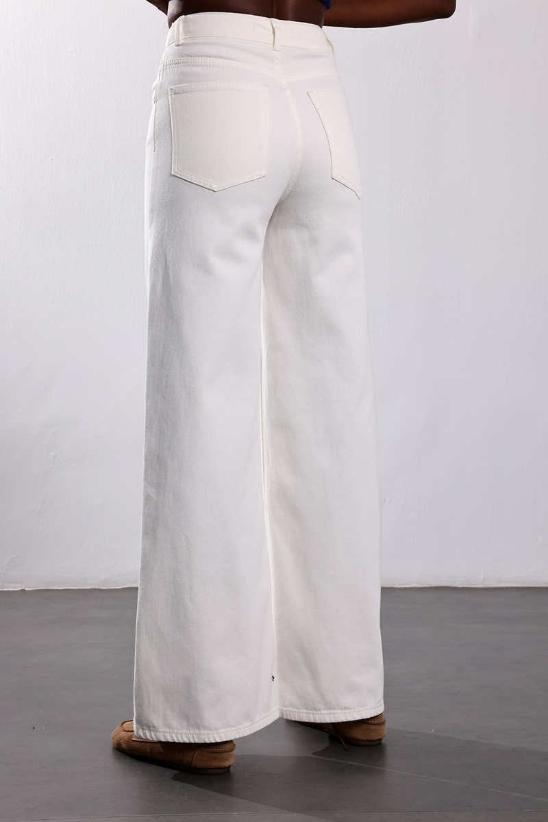 Ekru Cebi Örgü Detaylı Wide Leg Jean 1499