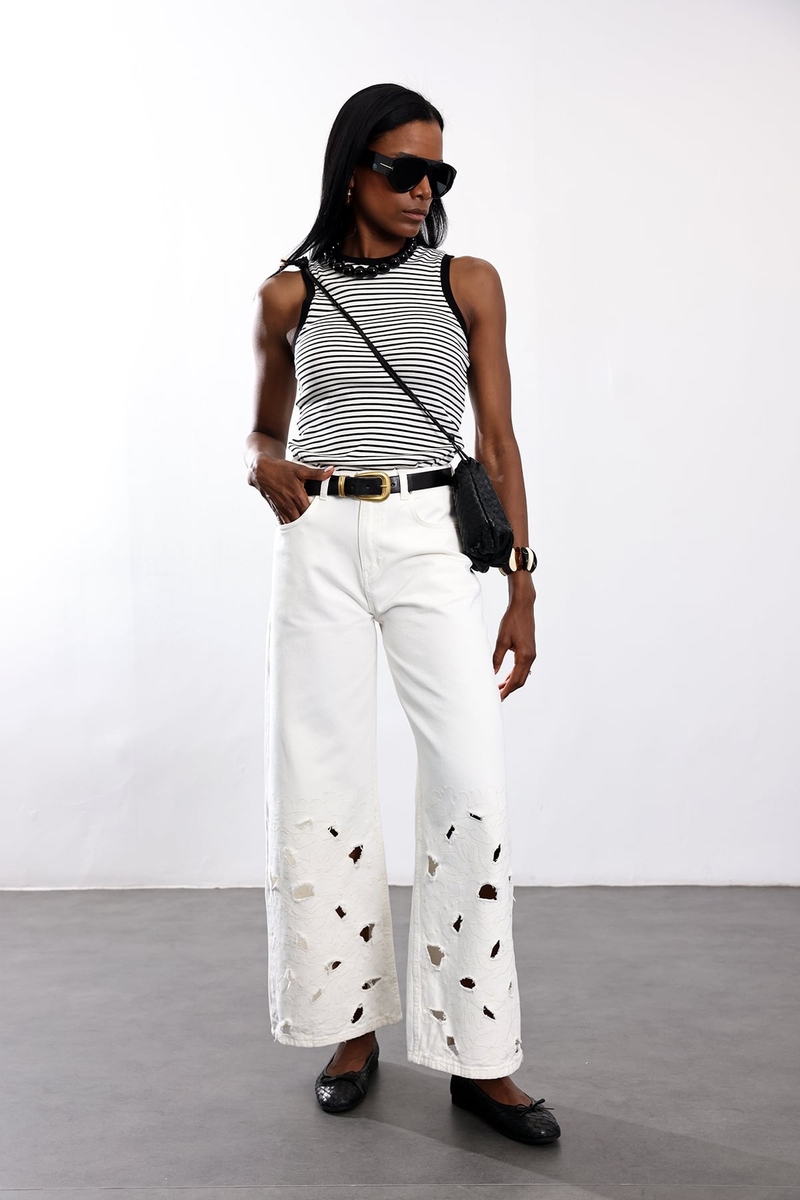 Ekru Çiçek İşlemeli Wide Leg Jean 8272