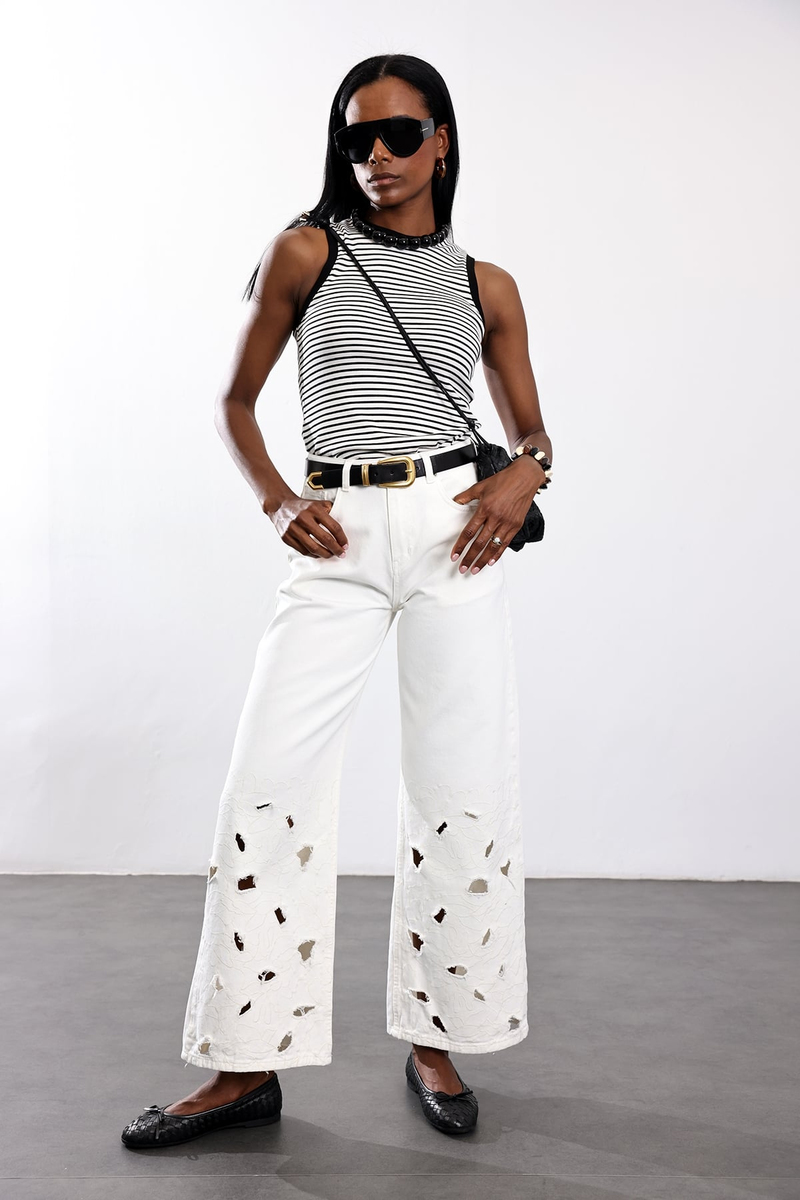 Ekru Çiçek İşlemeli Wide Leg Jean 8272