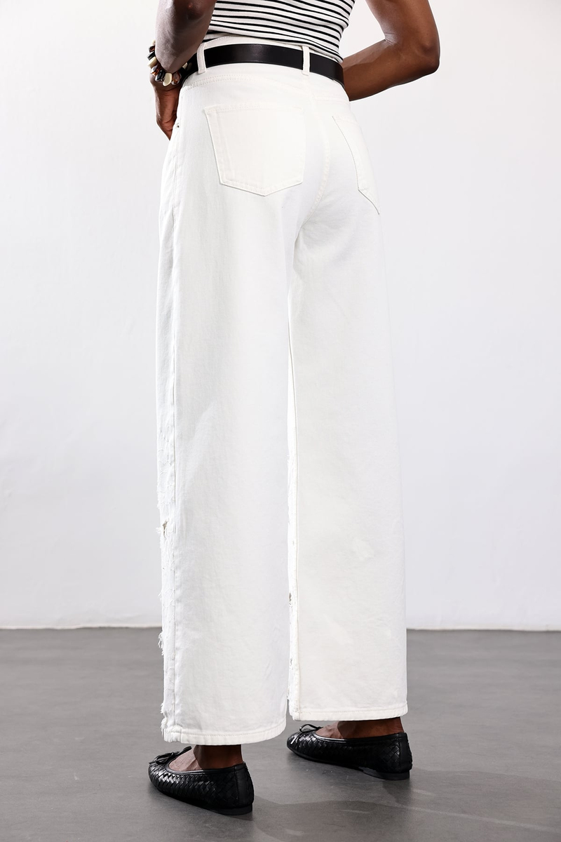 Ekru Çiçek İşlemeli Wide Leg Jean 8272