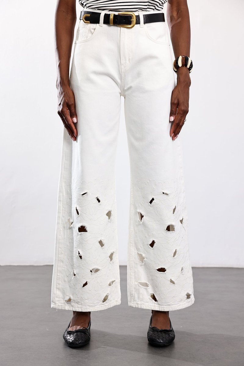 Ekru Çiçek İşlemeli Wide Leg Jean 8272