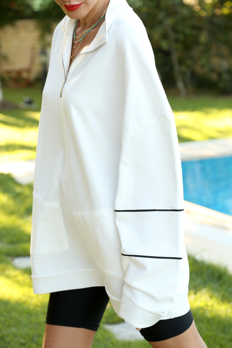 Ekru Çift Cep Oversize Sweatshirt 