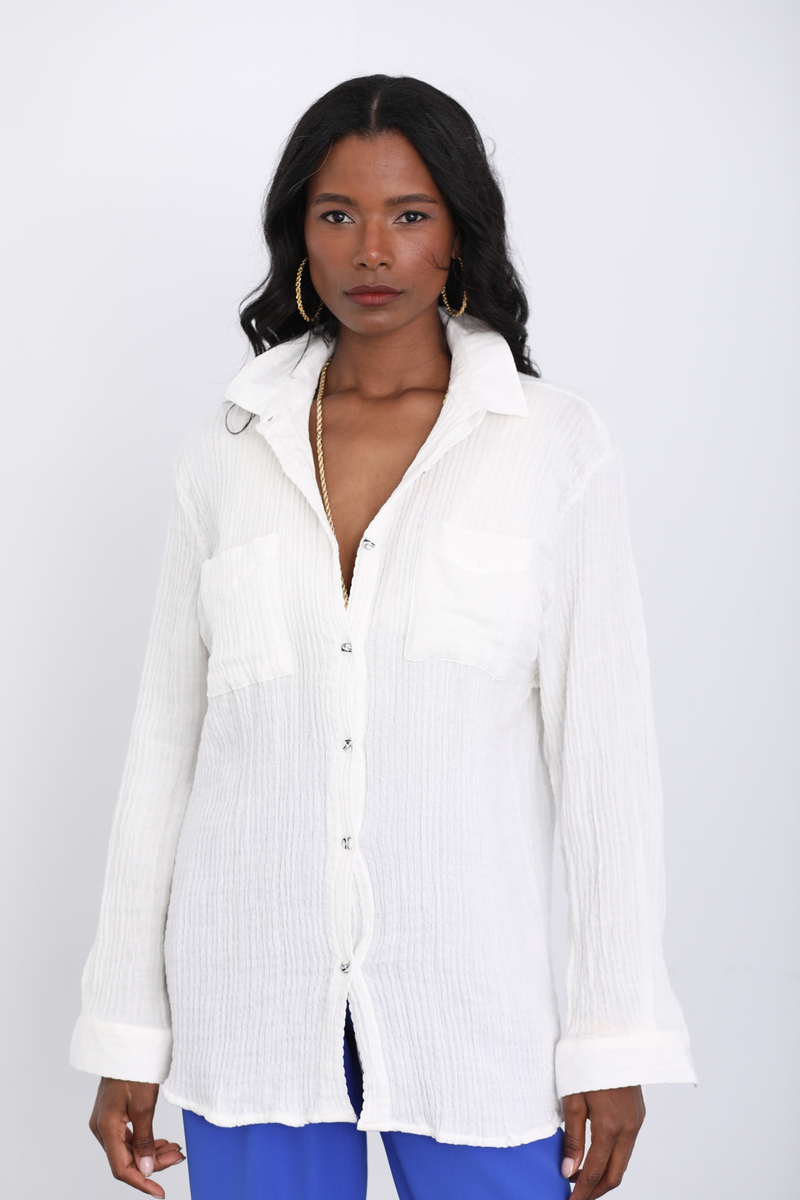 Ekru Çift Cepli Müslin Gömlek 