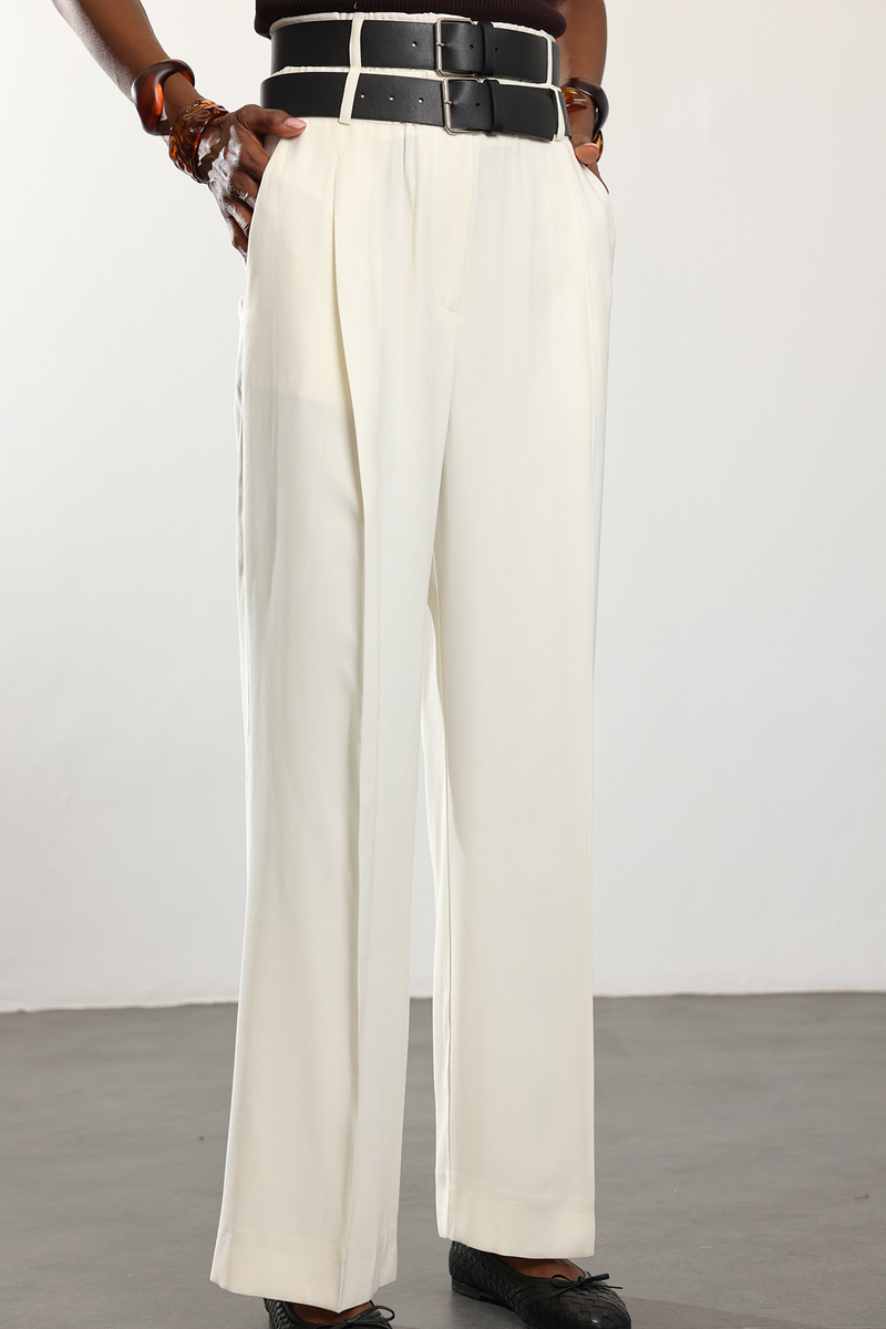 Ekru Çift Kemerli Rahat Kesim Pantolon 1450