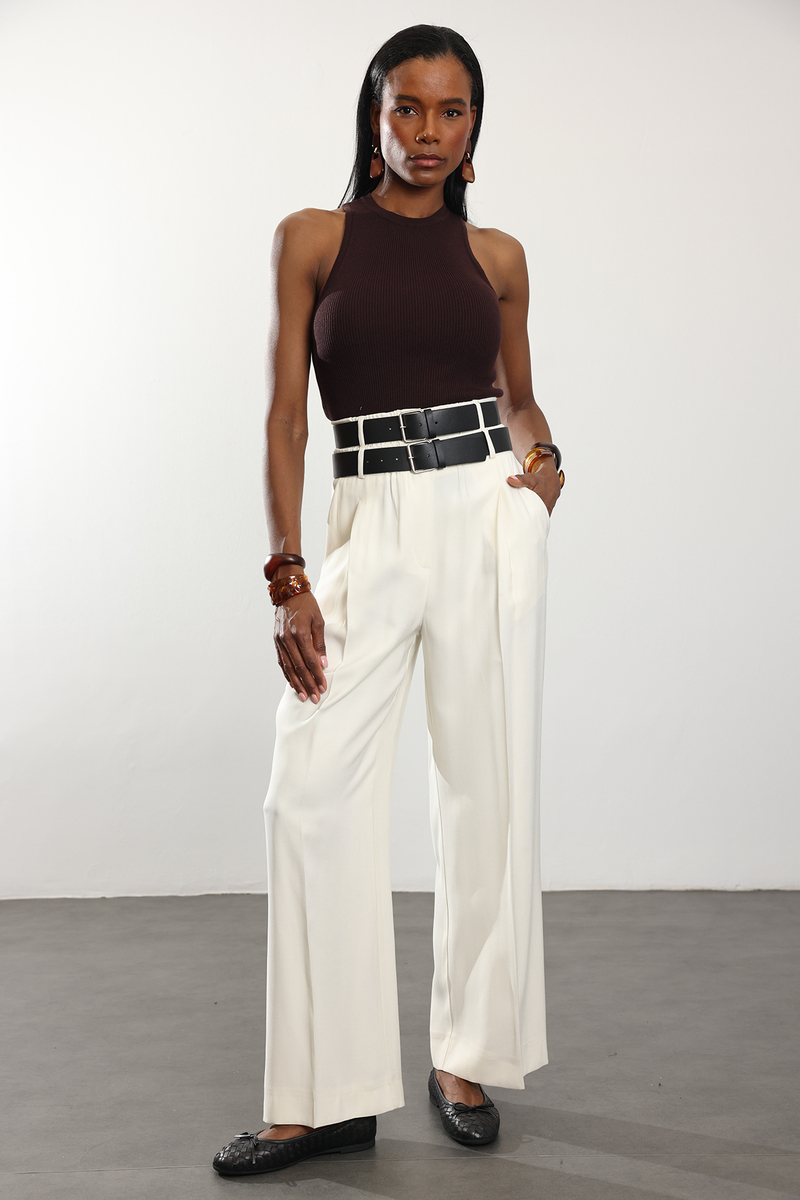 Ekru Çift Kemerli Rahat Kesim Pantolon 1450