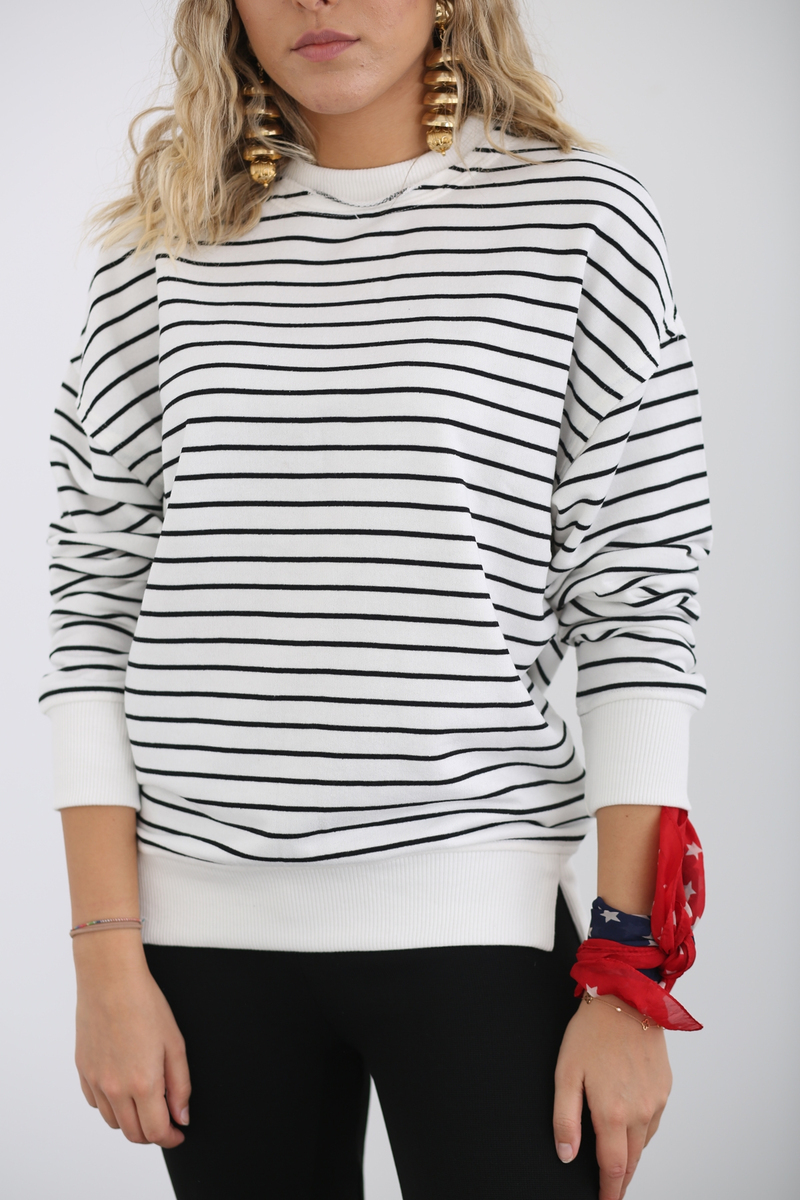 Ekru Çizgili Basic Sweatshirt 262