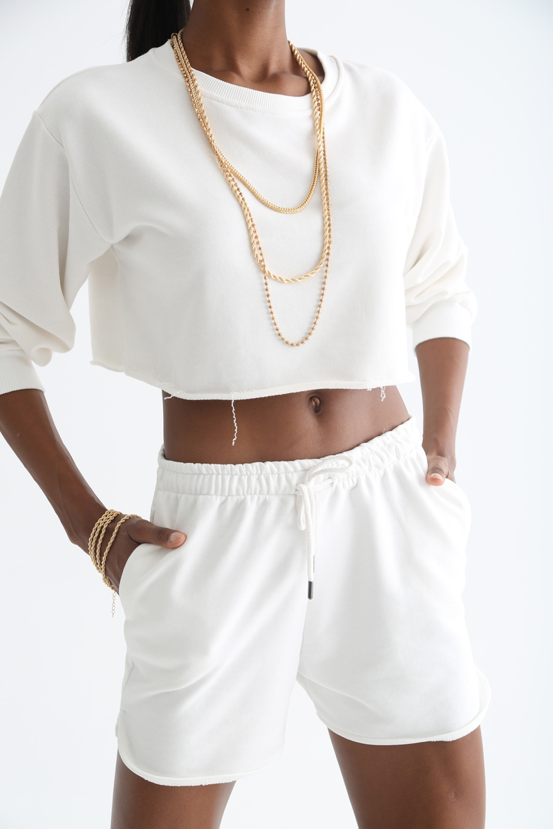 Ekru Crop Sweat Şort Takım 0024