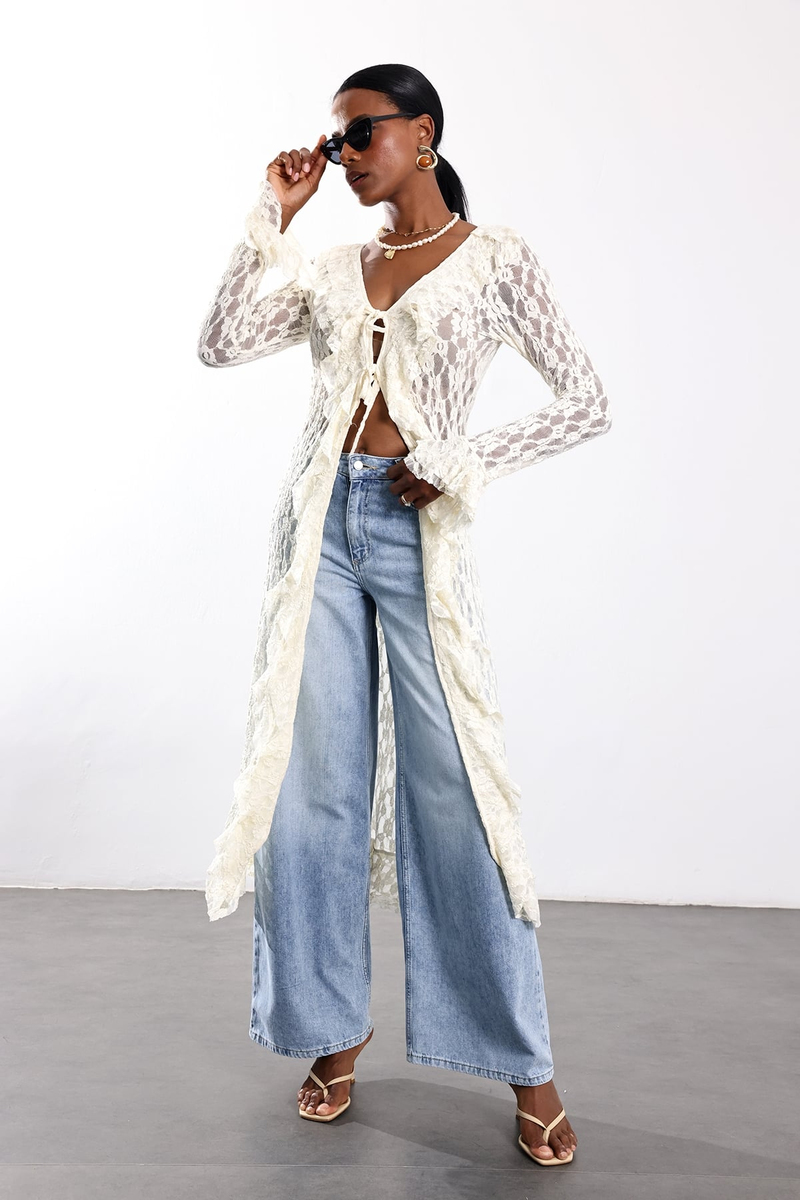 Ekru Dantelli Maxi Kimono 