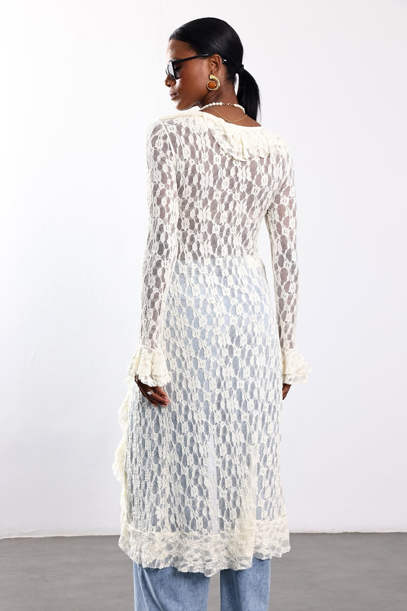 Ekru Dantelli Maxi Kimono 