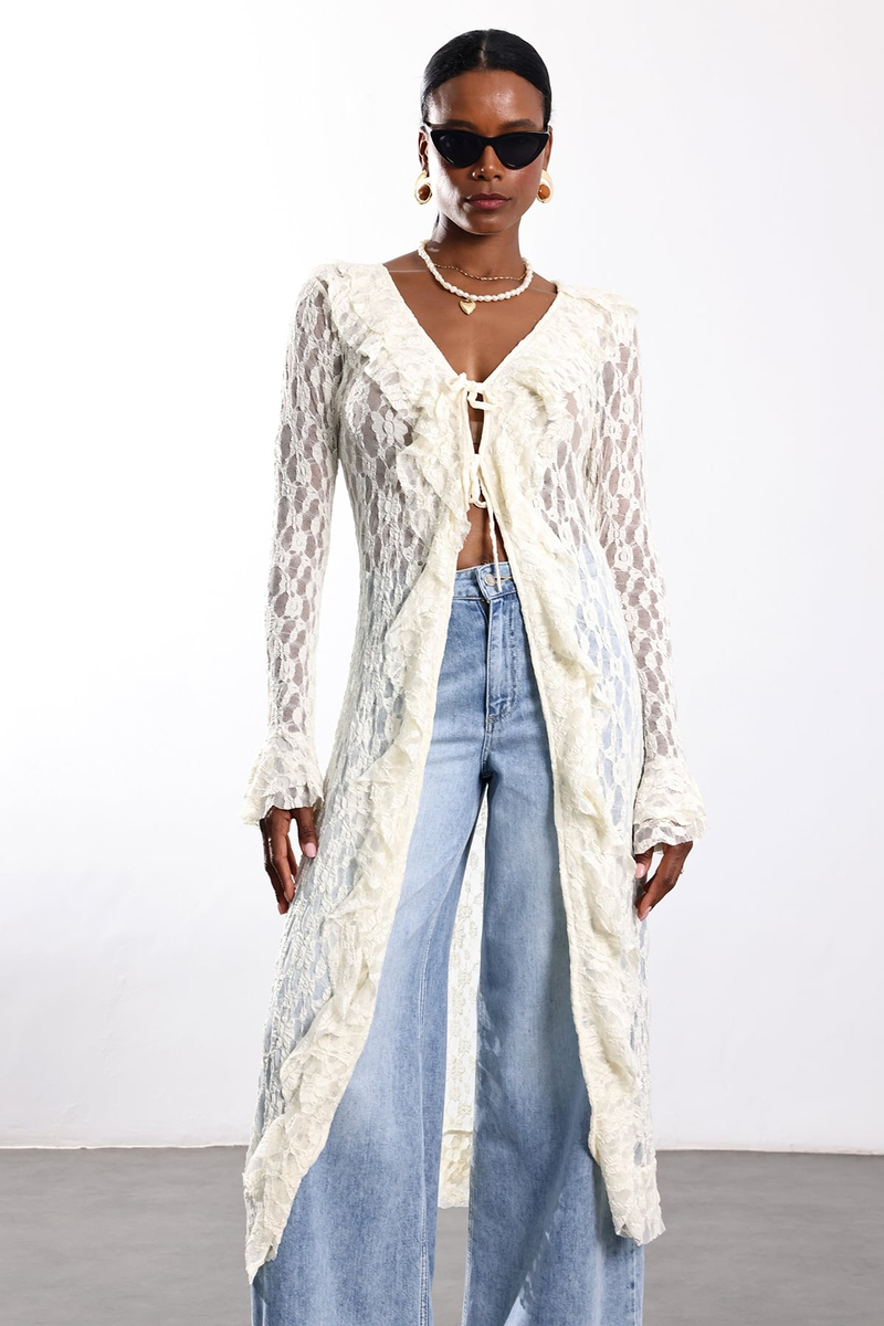 Ekru Dantelli Maxi Kimono 