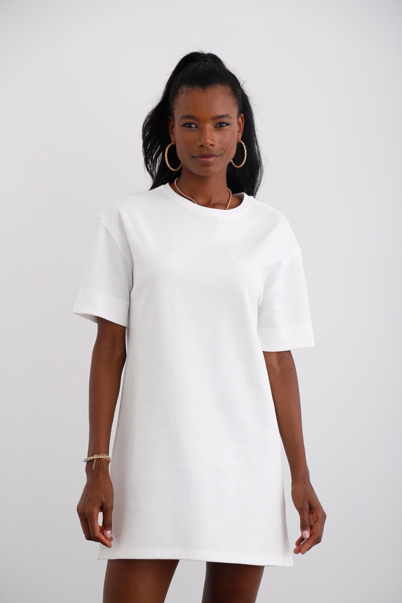Ekru Duble Kol Tshirt Elbise 3137