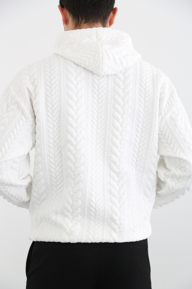 Ekru Erkek Desenli Kapşonlu Sweatshirt 21605