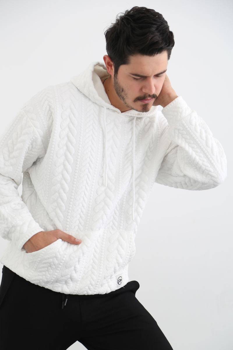 Ekru Erkek Desenli Kapşonlu Sweatshirt 21605