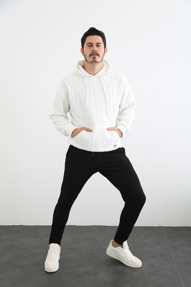 Ekru Erkek Desenli Kapşonlu Sweatshirt 21605