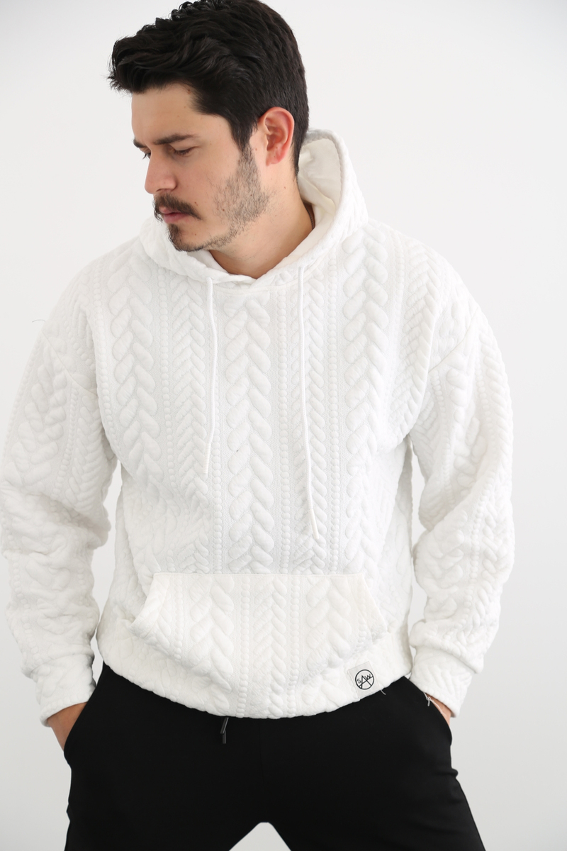 Ekru Erkek Desenli Kapşonlu Sweatshirt 21605