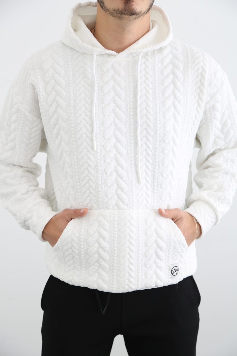 Ekru Erkek Desenli Kapşonlu Sweatshirt 21605
