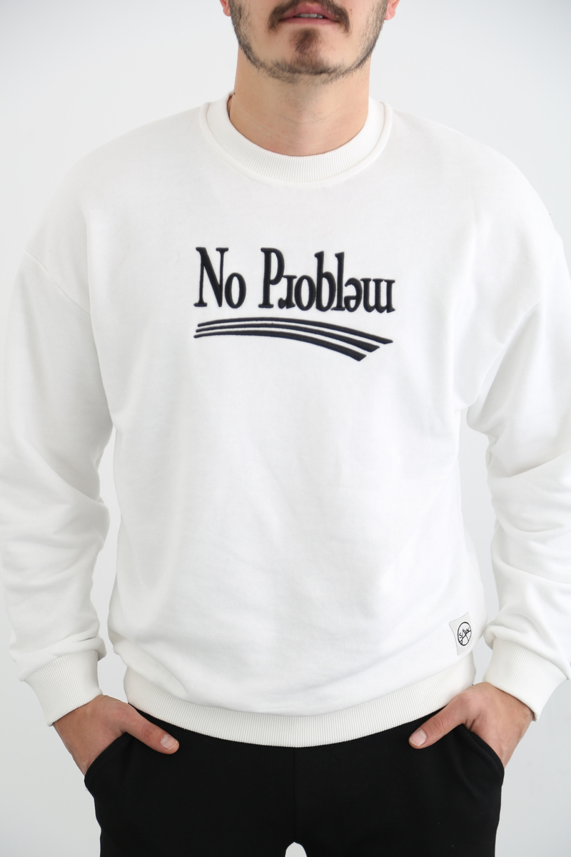 Ekru Erkek No Problem Baskılı Sweatshirt 21592