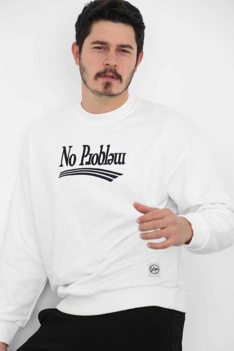Ekru Erkek No Problem Baskılı Sweatshirt 21592