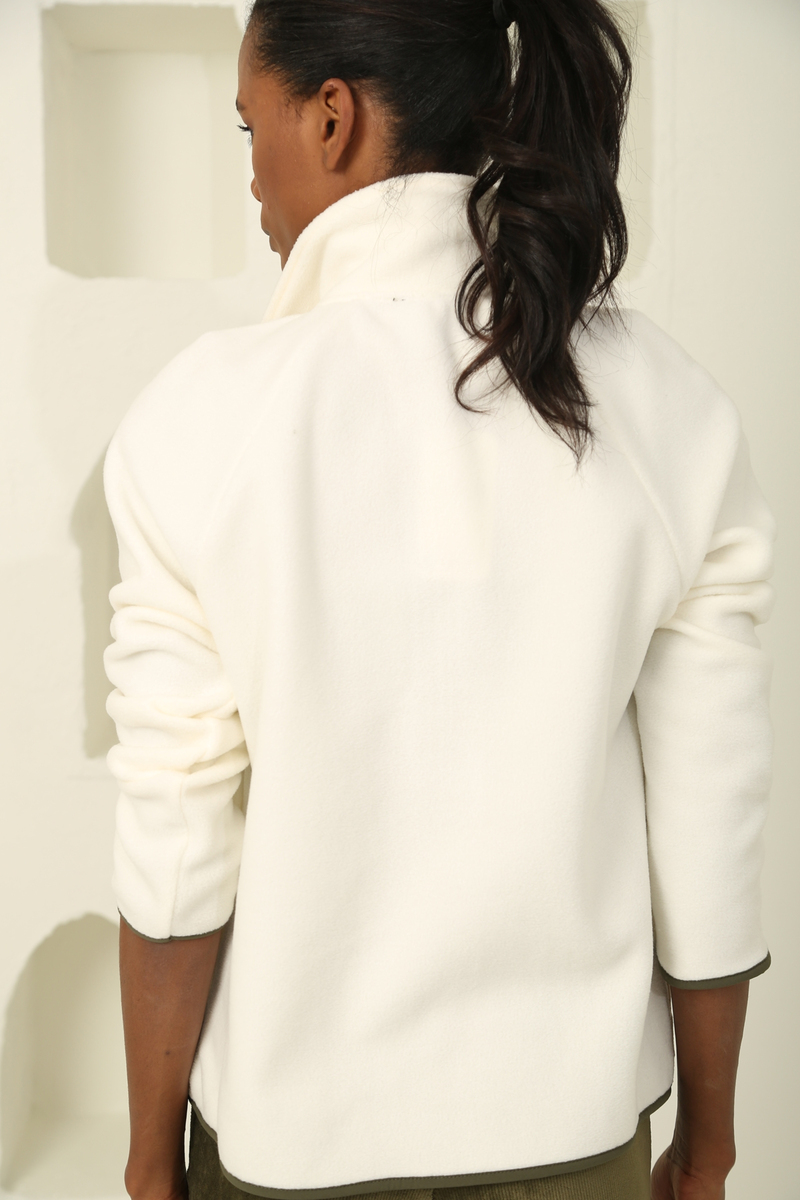 Ekru Fermuar Cep Detaylı Polar Sweatshirt 