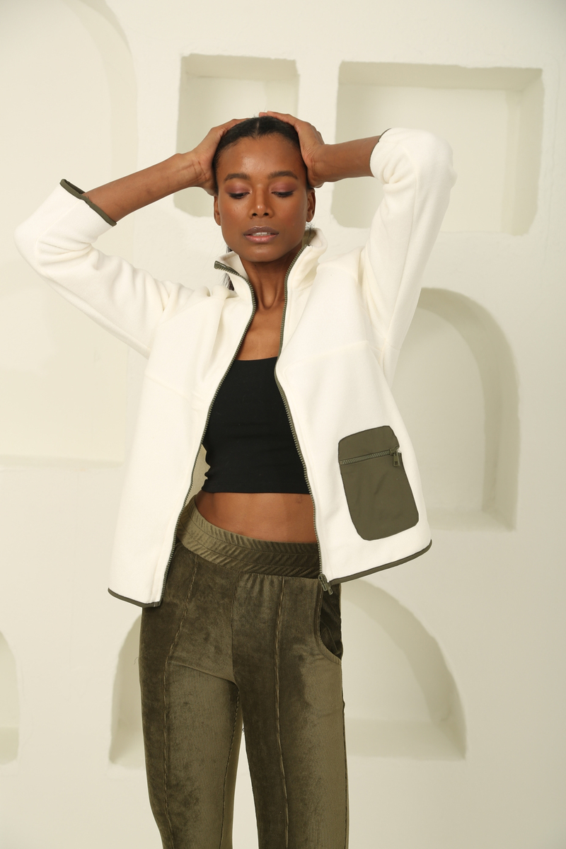 Ekru Fermuar Cep Detaylı Polar Sweatshirt 