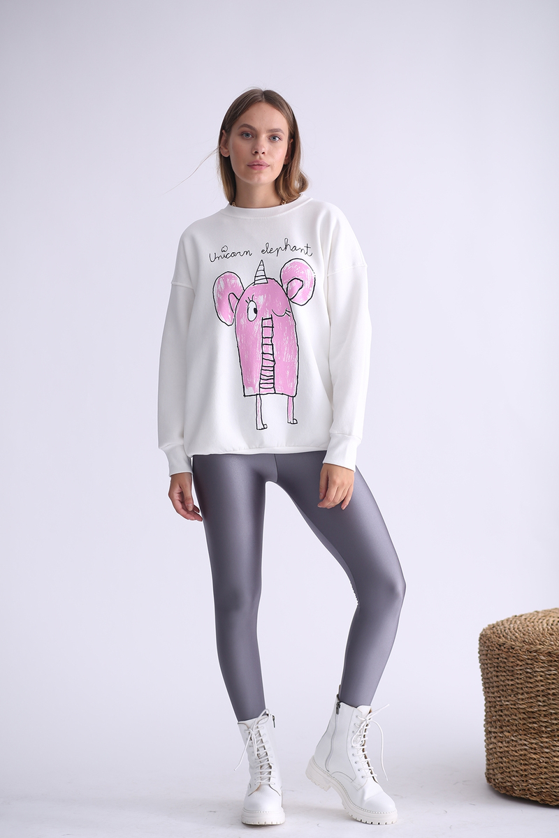 Ekru Fil Baskılı Şardonlu Sweatshirt 3203