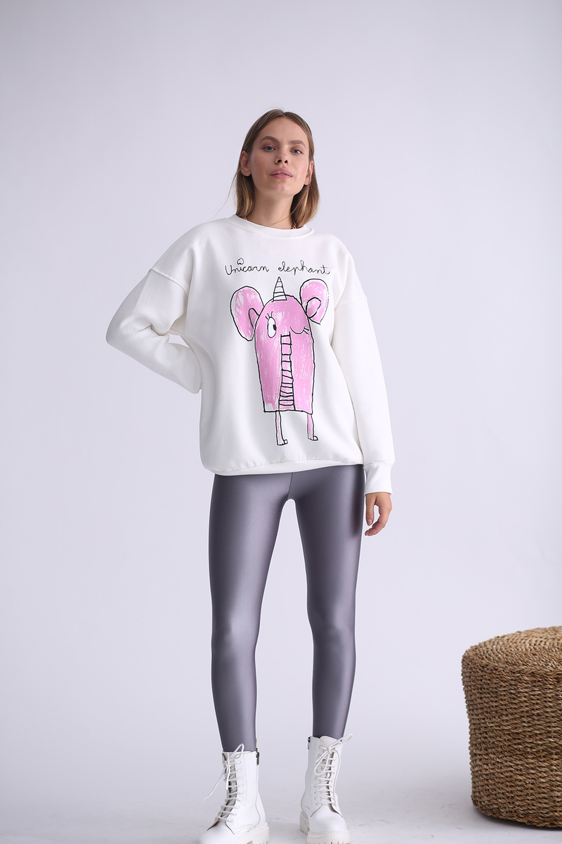 Ekru Fil Baskılı Şardonlu Sweatshirt 3203