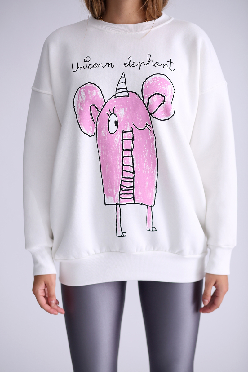Ekru Fil Baskılı Şardonlu Sweatshirt 3203