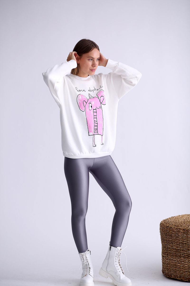 Ekru Fil Baskılı Şardonlu Sweatshirt 3203