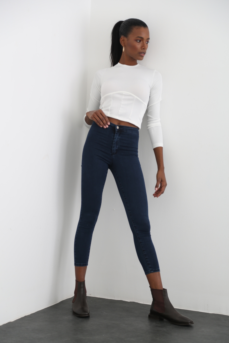 Ekru Fitilli Jarse Crop Bluz 3330
