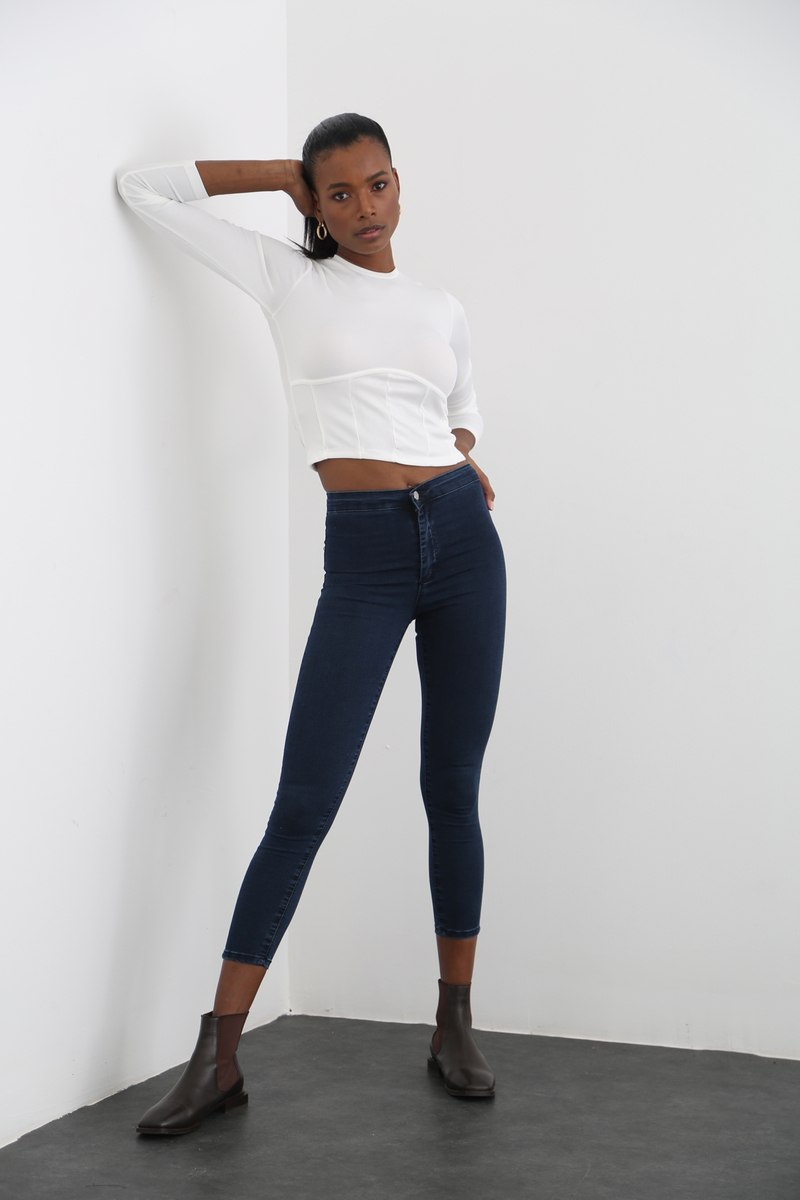 Ekru Fitilli Jarse Crop Bluz 3330