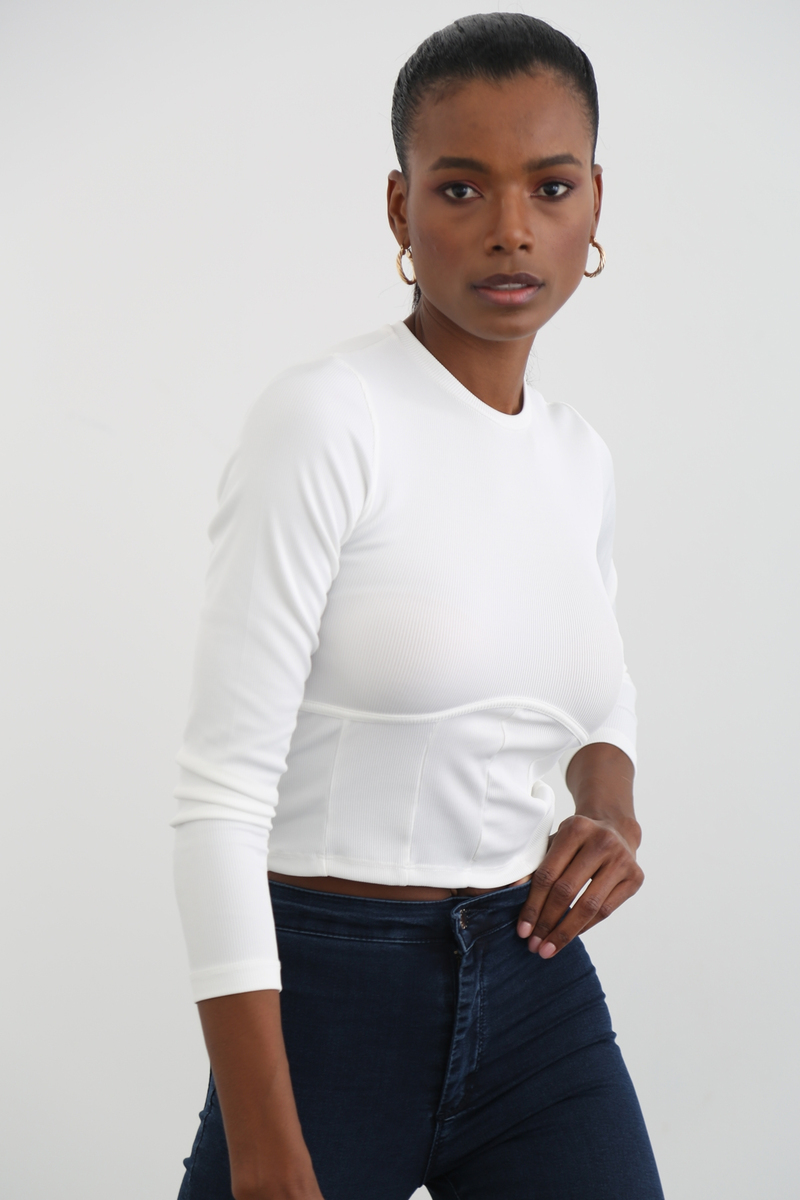 Ekru Fitilli Jarse Crop Bluz 3330