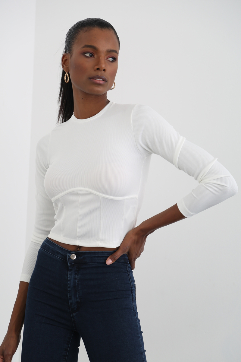 Ekru Fitilli Jarse Crop Bluz 3330