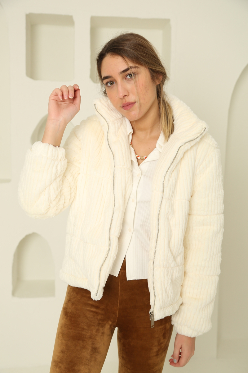 Ekru Fitilli Peluş Kısa Mont 89471