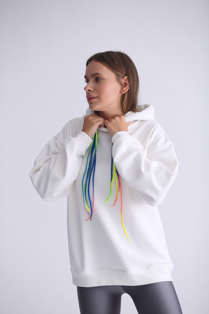 Ekru Gökkuşağı Bağcıklı Sweatshirt 