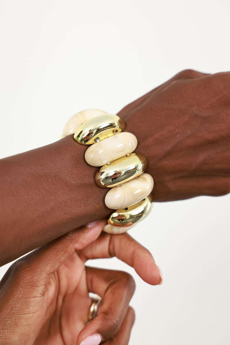 Ekru Gold Detaylı Lastikli Bileklik 