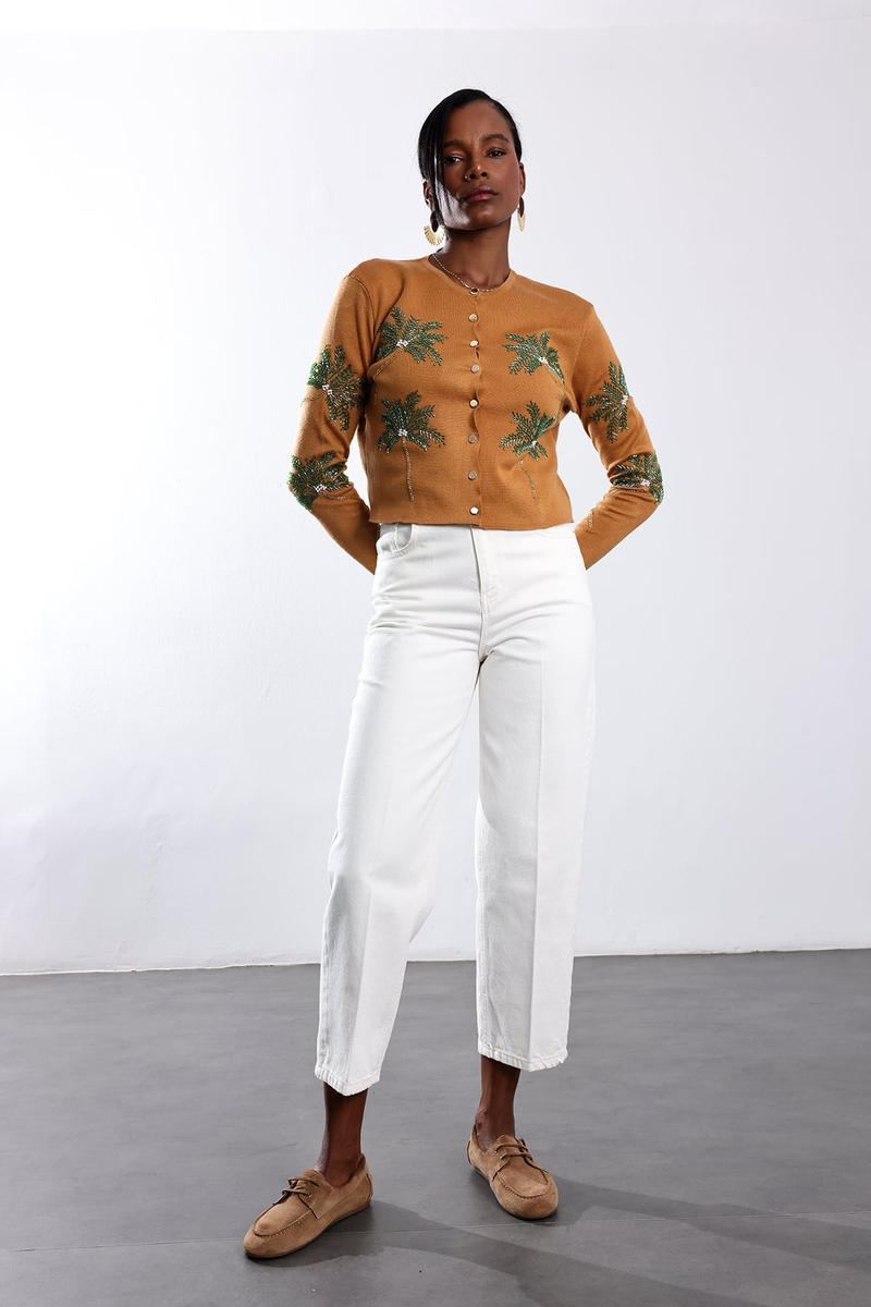 Ekru Kemerli Baggy Jean 3010