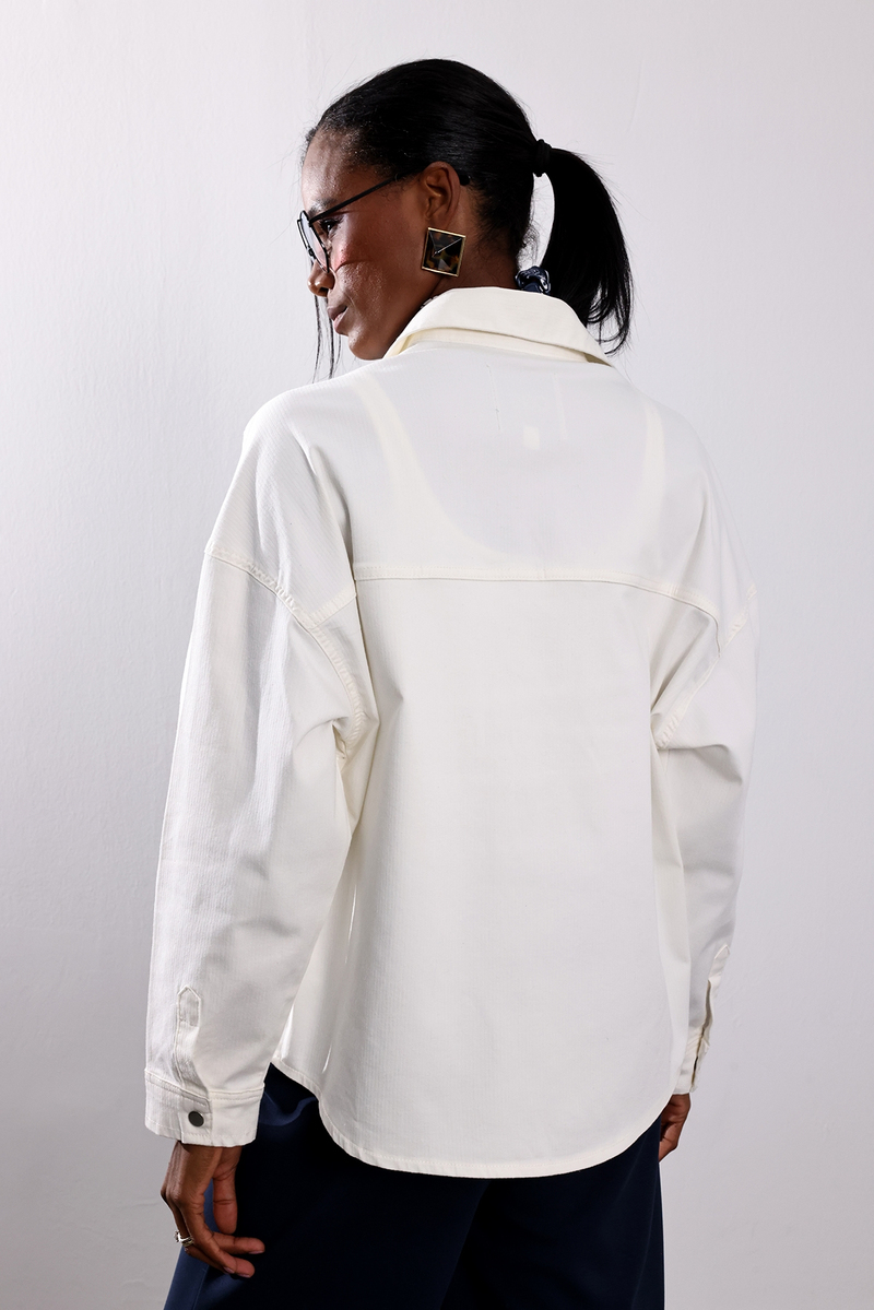 Ekru Kendinden Çizgili Oversize Gömlek 3703