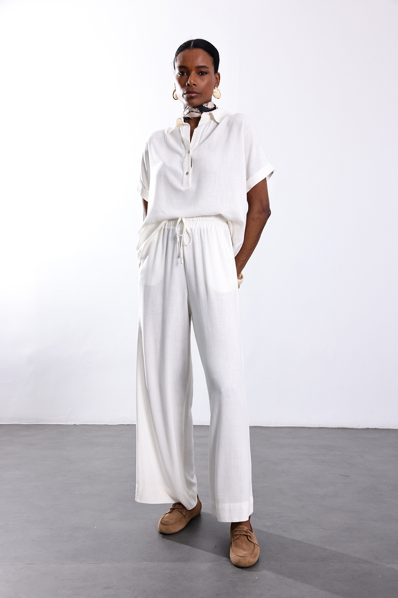 Ekru Keten Karışımlı Bluz Pantolon Takım 00547